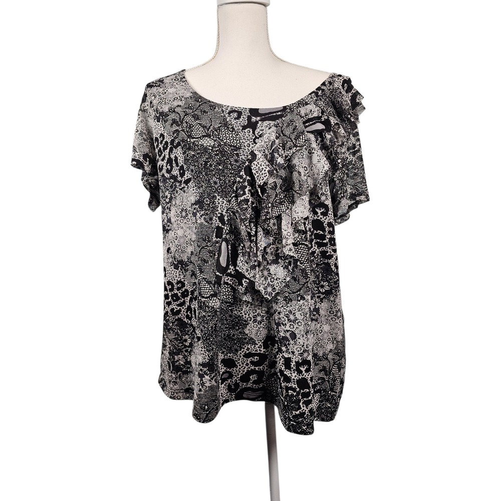 Relativity Asymmetrical Ruffle Whimsigoth Mixed Print Leopard Top Black White 2X
